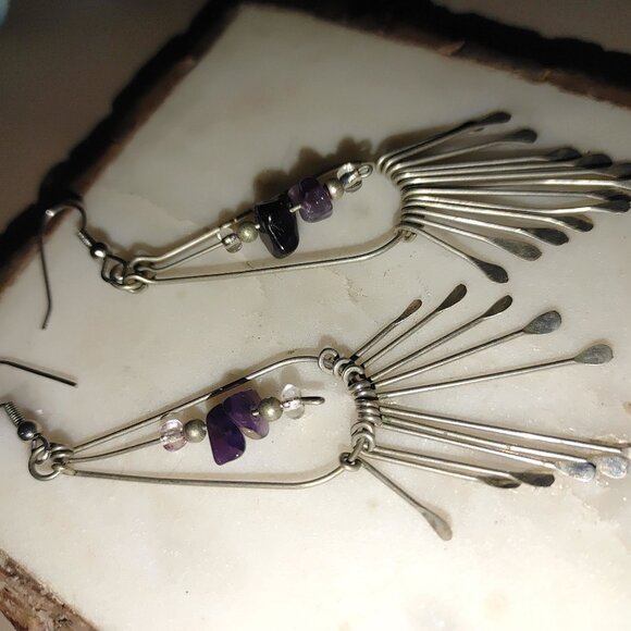 Long Vintage Silver Dangle Earrings Purple  Amethyst  Pearl Beads Fringe - Picture 9 of 9